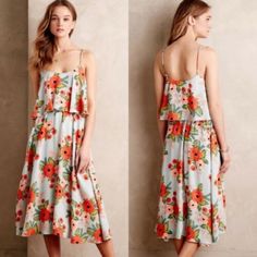 two pictures of a woman wearing a dress with flowers on it