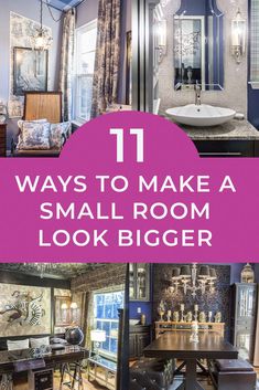 the bathroom is decorated in blue and purple with text overlay that reads 11 ways to make a small room look bigger