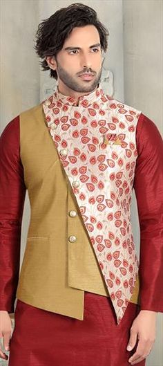 Gold, White and Off White color Nehru Jacket in Jacquard fabric with Printed work Luxury Multicolor Nehru Jacket For Transitional Season, Luxury Elegant Long Nehru Jacket, Luxury Long Sleeve Nehru Jacket With Self Design, Luxury Red Nehru Jacket For Ceremonial Occasions, Luxury Front-open Nehru Jacket For Festive Occasions, Traditional Off White Nehru Jacket With Naqshi, Traditional Off White Long Sleeve Nehru Jacket, Festive Off-white Designer Nehru Jacket, Luxury Off White Nehru Jacket