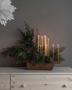 a bunch of candles that are on top of a dresser next to some pine branches