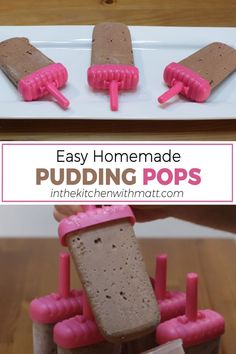 Three homemade pudding pops on a white plate. Fudge Popsicle Recipe, Frozen Pudding Pops, Pudding Pops Recipe, Jello Pudding Pops, Chocolate Pudding Pops, Frozen Pudding