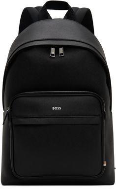 Regenerated saffiano leather backpack in black. · Fixed carry handle · Adjustable padded shoulder straps · Zip pockets and logo printed at face · Two-way zip closure · Laptop compartment at interior · Patch pockets at interior · Recycled polyester satin lining · Logo-engraved silver-tone hardware · H17.5 x W12 x D6 in Supplier color: Black