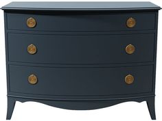 a black chest of drawers with gold knobs on the top and bottom, against a white background