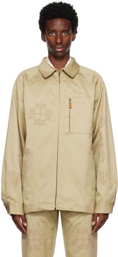 Cotton drill jacket. Hand-stitched tatreez embroidery throughout. · Spread collar · Zip closure · Zip pocket at chest · Welt pockets · Raglan sleeves · Single-button barrel cuffs · Full viscose twill lining Supplier color: Beige Traditional Embroidered Outerwear For Work, Traditional Long Sleeve Workwear Outerwear, Mens Outerwear, Welt Pockets, Hand Stitched, Welt Pocket, Raglan Sleeve, Outerwear Jackets, Hand Stitching