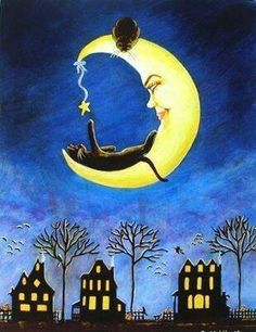 a painting of a woman sitting on the moon with her eyes closed, reading goodnight facebook land