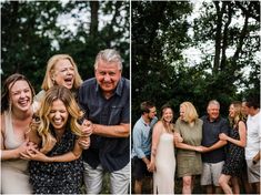 a group of people standing next to each other in front of trees and smiling at the camera