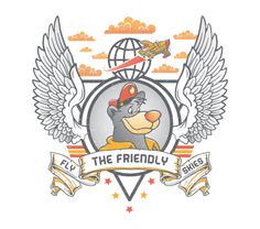 the friendly bears logo with wings and an airplane in the sky above it, on a gray background