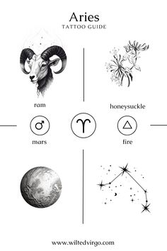 the aries tattoo guide is shown in black and white, with zodiac symbols on it