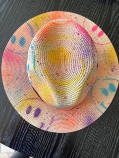 Amazing hand painted SMILE straw sun hats! Adjustable inside to fit any shape. Head! Grab it before they are gone Multicolor Toquilla Straw Fedora Hat, Multicolor Toquilla Straw Fedora, Multicolor Fedora Hat In Toquilla Straw, Fun Curved Brim Straw Hat For Summer, Multicolor Brimmed Panama Hat In Toquilla Straw, Multicolor Toquilla Straw Hat With Short Brim, Fun Summer Fedora Straw Hat, Hand Painted Adjustable Sun Hat For Summer, Multicolor Toquilla Straw Fedora Sun Hat