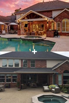 before and after pictures of a house with a pool