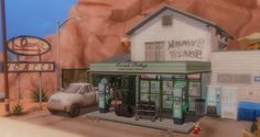 a painting of a gas station with a truck parked in front