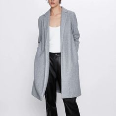 Zara Coat With Lapel, Grey, New, Never Worn Fall Office Sweater Coat With Pockets, Gray Sweater Coat With Pockets For Spring, Casual Long Wool Coat For Spring, Gray Lapel Collar Blazer For Spring, Spring Casual Long Wool Coat, Zara Fall Outerwear For Office, Zara Outerwear For Office In Fall, Spring Gray Blazer With Lapel Collar, Formal Long-sleeve Sweater Coat For Fall