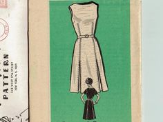 an old sewing pattern for a women's dress, with a woman standing next to it