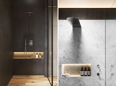 two pictures of a bathroom with marble walls and flooring, one showing the shower