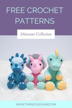 three crocheted animals sitting next to each other with the text free crochet patterns