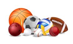 various sports balls and equipment on a white background