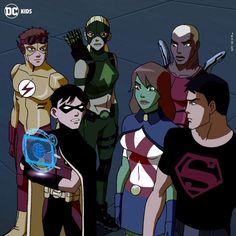 an animated group of superheros standing next to each other