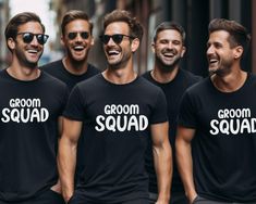 three men wearing groom squad t - shirts and sunglasses