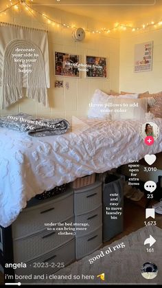 an image of a bedroom setting with pictures on the wall and text overlaying it