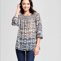 The Printed Woven Peasant Blouse From Zac And Rachel Is Perfect For Showing Off Your Boho-Chic Style. This Long-Sleeve Floral Blouse Works Great With Any Day Or Night Look Thanks To Its Breezy Silhouette And Versatile Design. Pair With White Denim And Espadrilles In The Summer, Then Switch Into Dark Skinnies When The Temps Drop. Features: Smocked Neckline, Elastic On The Cuff Of Sleeves. Fabric: 100% Polyester. Color: Red/Black Multicolor Flowy Patterned Blouse, Patterned Peasant Blouse, Blouse Works, Peasant Blouse, Night Looks, Boho Chic Fashion, White Denim, Floral Blouse, Blue Gray