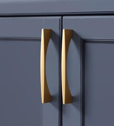 a close up of a door handle on a blue cabinet with gold handles and knobs