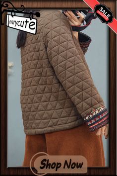 Plus Size Women Ethnic Patch Spliced Winter Padded Coat Casual Fall Outerwear With Geometric Embroidery, Folk Style Patchwork Outerwear For Fall, Folk Style Patchwork Fall Outerwear, Folk Style Brown Outerwear For Fall, Padded Coat, Winter Coat, Polyester Fabric, Plus Size, V Neck