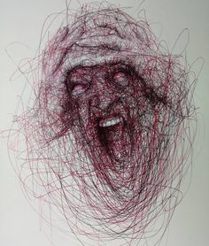 a drawing of a laughing man with his mouth wide open and red thread all over it