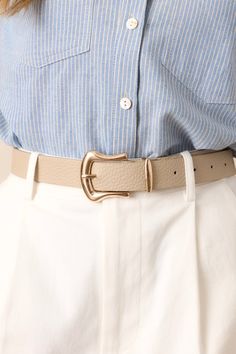 Get ready to change up your style with our Plans To Change Beige Belt! This versatile belt effortlessly transitions your look, giving you endless options for any occasion. A must-have accessory for any fashion-forward individual. This beige belt features gold hardware, a horseshoe pin buckle, and a textured faux leather material.  Measures 43" unbuckled One Size Imported Going Out Looks, Preppy Girls, Corporate Chic, Rush Dresses, Concert Looks, Cardigan Crop, Dress Bra, Vintage Havana, Women's Shapewear