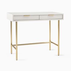 a white and gold desk with two drawers on the top, in front of a white background