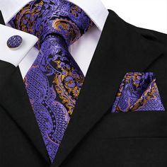 Purple Golden Paisley Men's Necktie Pocket Square Cufflinks Set – ties2you Tuxedo Tie, Blue Necktie, Luxury Ties, Necktie Set, Boys And Girls Clothes, Paisley Tie, Cufflink Set, Cufflinks Wedding, Girls Clothing Sets