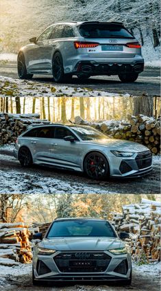 three different cars parked in the snow, one silver and one black with red lights