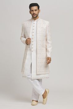 Multicolor jacket with thread embroidered square patterns. Comes with inner kurta and pant. - Aza Fashions Designer White Sets With Floral Embroidery, Traditional Suits With Floral Embroidery For Eid, Designer Sets With Floral Embroidery For Transitional Season, Traditional Sherwani With Intricate Embroidery For Spring, Traditional Long Sleeve Sherwani With Geometric Embroidery, Festive Sherwani With Geometric Embroidery And Long Sleeves, Fitted Traditional Wear With Geometric Embroidery For Transitional Season, Designer Embroidered Sets For Eid, Festive Sherwani With Geometric Embroidery