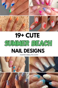 summer beach nail ideas Beach Nails Bright, Bright French Tips, Beach Nails Ideas, Nails Bright Colors, Vacation Nail Designs, Beach Themed Nails, Tropical Nail Designs, Seashell Nails, Teen Nails