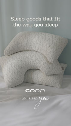 three pillows stacked on top of each other with the words sleep goods that fit the way you sleep