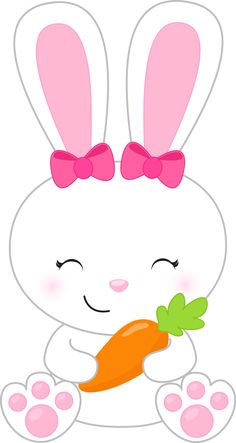 a cartoon bunny holding a carrot with her eyes closed and pink bows on it's head