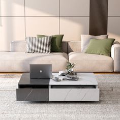 a living room with a couch, coffee table and laptop