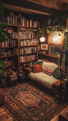 a living room filled with lots of books on top of a book shelf next to a rug