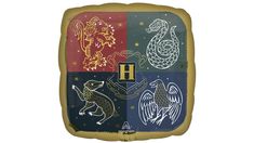 the harry potter foil balloon is shown in gold and red, with an image of hogwarts on it