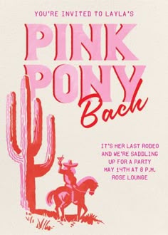 Customize 'Pink Pony Party' Bachelorette Party Invitation online and send via email, text message, or a shareable link. Instantly track deliveries and opens, and message recipients. Pink Bbq Party, Pink Pony Club Bachelorette, Pink Pony Club Party, Pretty In Pink Party, Birthday Discounts, Birthday Party Flyer, Pink Pony Club, Online Party Invitations, Modern Classic Wedding Invitations