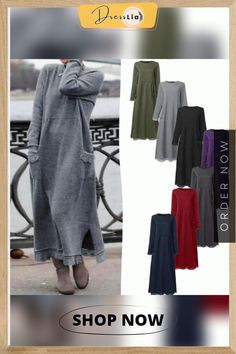 Comfortable and Stylish Dress Long Solid Color Winter Dress, Casual A-line Winter Dresses, Fall Shift Dress With Pockets, Winter A-line Solid Color Maxi Dress, Casual Long Maxi Dress For Winter, Casual Long Winter Maxi Dress, Winter Casual Long Maxi Dress, Winter Solid Color Knee-length Dress, Winter Knee-length Solid Color Dress