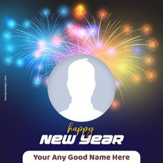 a happy new year card with fireworks and a man's face in the center