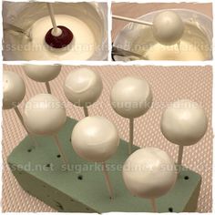 there are several pictures of cake pops in the process of being made with white frosting and chocolate