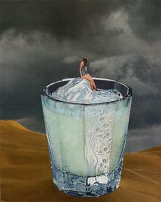 a painting of a woman sitting on top of a glass in the middle of sand