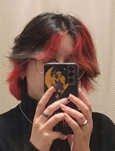 Black Hair Red Underneath Short, Black With Red Streaks Hair, Red Hair Dye Inspo Aesthetic, Two Red Streaks In Front Of Hair, Dyed Hair 2 Colors, Dyed Hair Ideas For Short Hair, Red And Black Hair Short Alt, Red And Black Short Hair Ideas, Red Underdye Hair Wolfcut