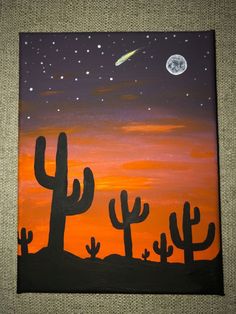 Sun Set Painting Easy, Sunset Easy Paintings, Cute Sunset Paintings, Painting Ideas On Canvas Sunset, Sunset Painting Ideas, Cactus Sunset, Drawing Sunset, Diy Canvas Art Easy, Sunset Canvas Painting