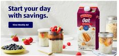 an advertisement for oatmeal with berries and strawberries on the table next to it