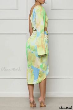 Olivia Mark - Chic Hollowed Out Backless Irregular Dress with Oblique Collar - Casual Print Design Green Draped Midi Dress For Spring, Multicolor Draped Spring Dress, Multicolor Draped Dress For Spring, Spring Multicolor Draped Dress, Yellow Draped Dress For Spring, Valentines Lingerie, Vintage Summer Dresses, Printed Summer Dresses, Lace Dress Long