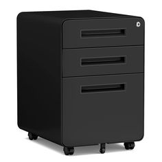 a black filing cabinet with three drawers and wheels on the bottom shelf is shown in front of a white background