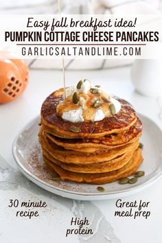 stack of pumpkin cottage cheese pancakes with text overlay