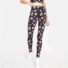 Brand New Spring Pink Leggings For Loungewear, Floral Print Stretch Workout Bottoms, Stretch Floral Print Workout Bottoms, Casual Floral Print Leggings For Loungewear, High Waist Pink Leggings For Spring, Fitted Floral Print Leggings For Loungewear, Casual Pink Rose Print Bottoms, Fitted Floral Print Workout Bottoms, Black Tight Fit Activewear For Spring